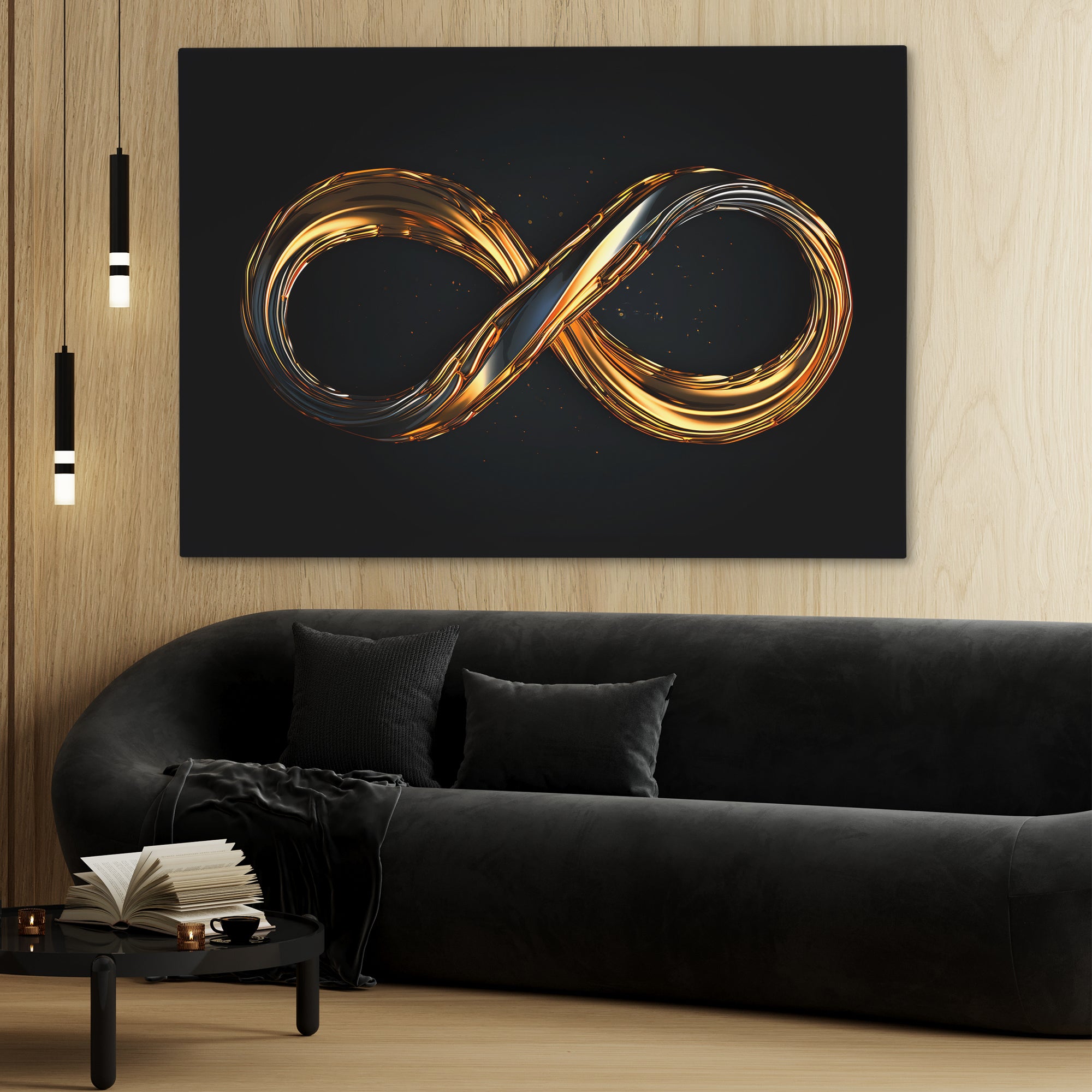 a black and gold canvas with an infinite symbol