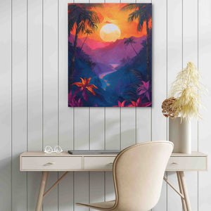 a painting of a tropical sunset with palm trees