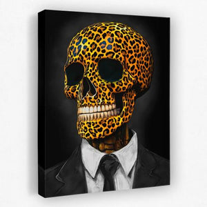 a painting of a skull wearing a suit and tie