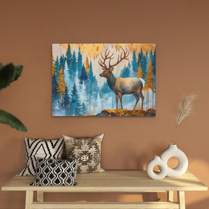 a painting of a deer on a wall above a table