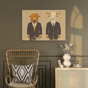 a room with a chair and a painting of a bull in a suit