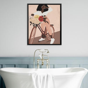 a bathroom with a tub and a painting on the wall