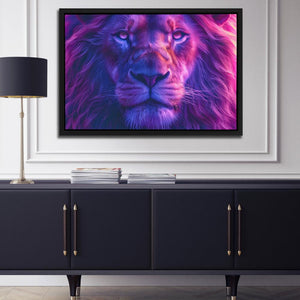 a picture of a lion on a wall above a sideboard