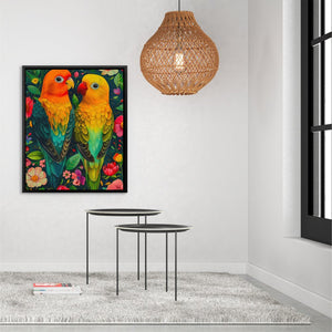 a painting of two parrots on a white wall