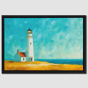 a painting of a lighthouse on a sunny day