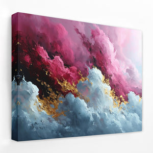 a painting of pink and blue clouds on a white wall