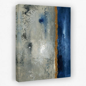 an abstract painting with blue and grey colors