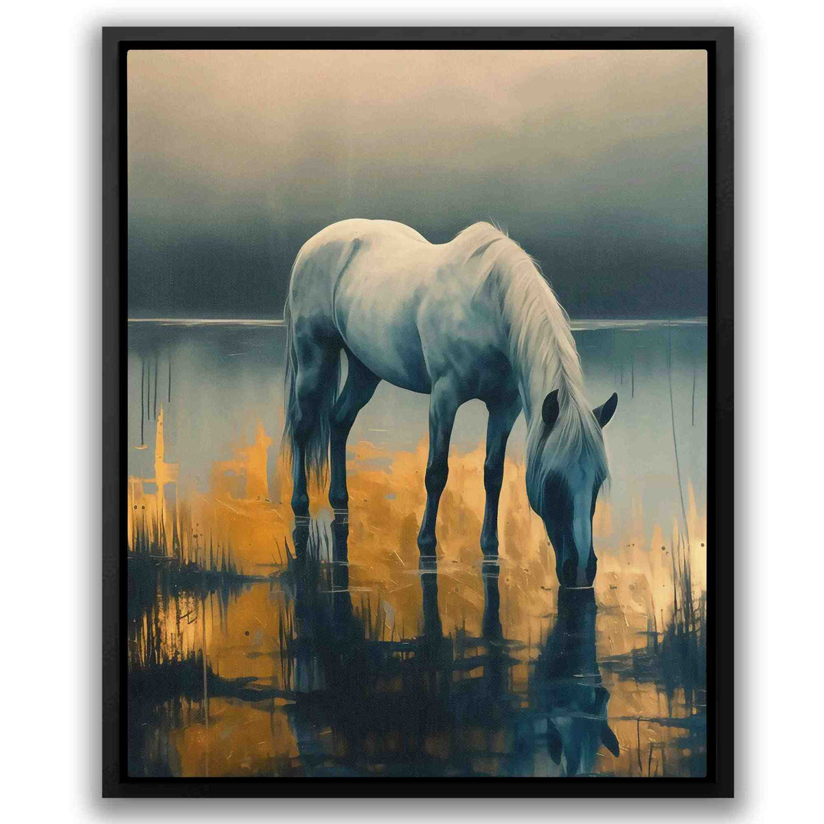a painting of a white horse drinking water