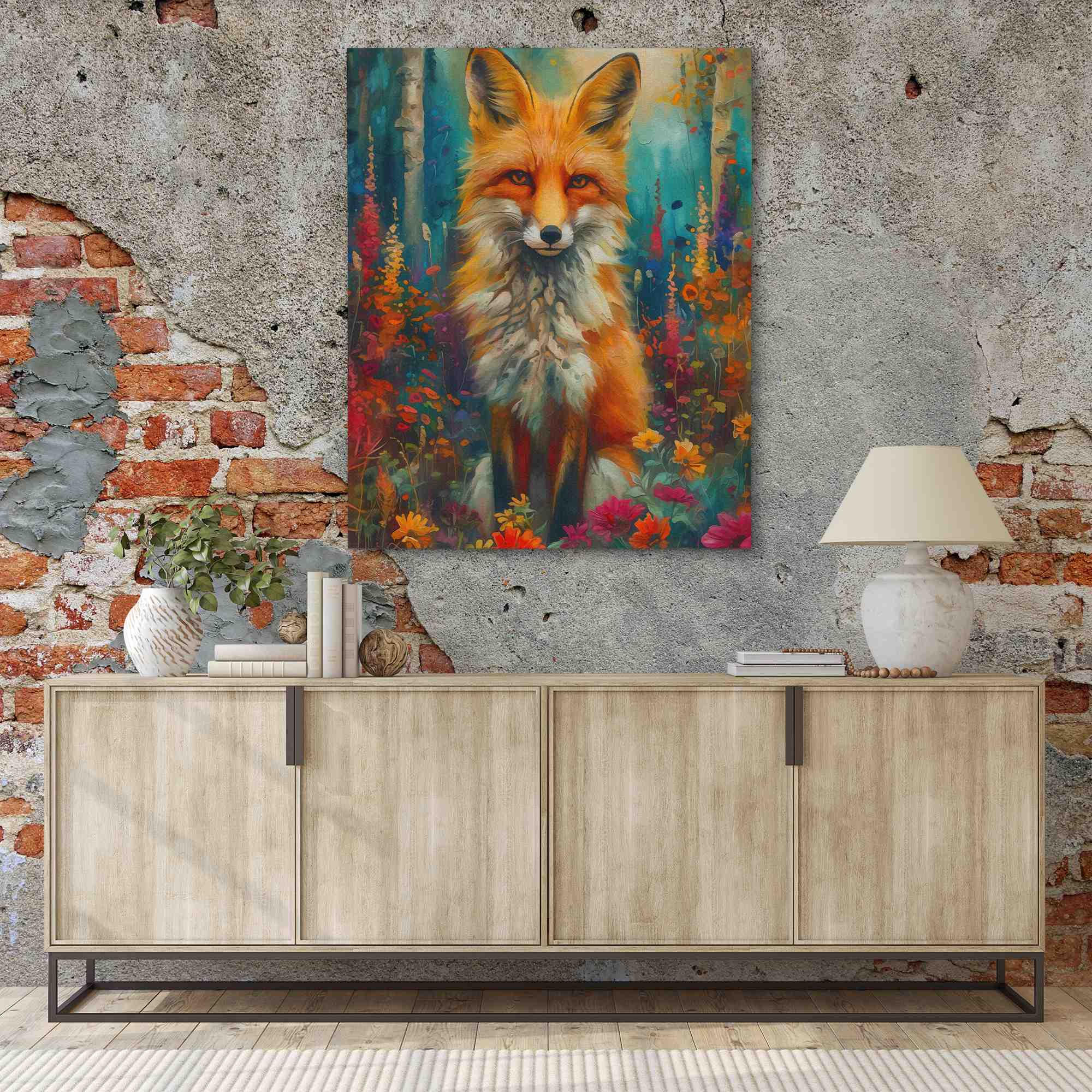 a painting of a fox in a forest