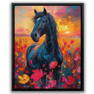 a painting of a horse in a field of flowers