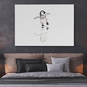 a bed with a penguin painting on the wall above it