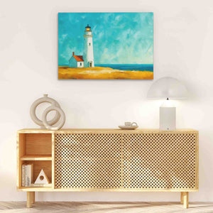 a painting of a lighthouse on a white wall