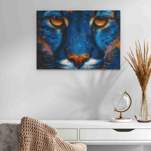 a painting of a blue tiger with orange eyes