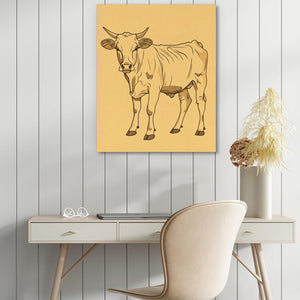 a drawing of a cow on a wall above a desk