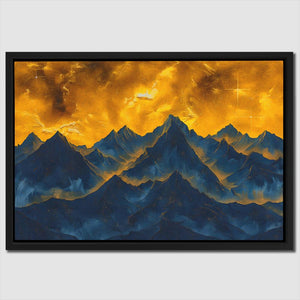 a painting of a mountain range with yellow clouds