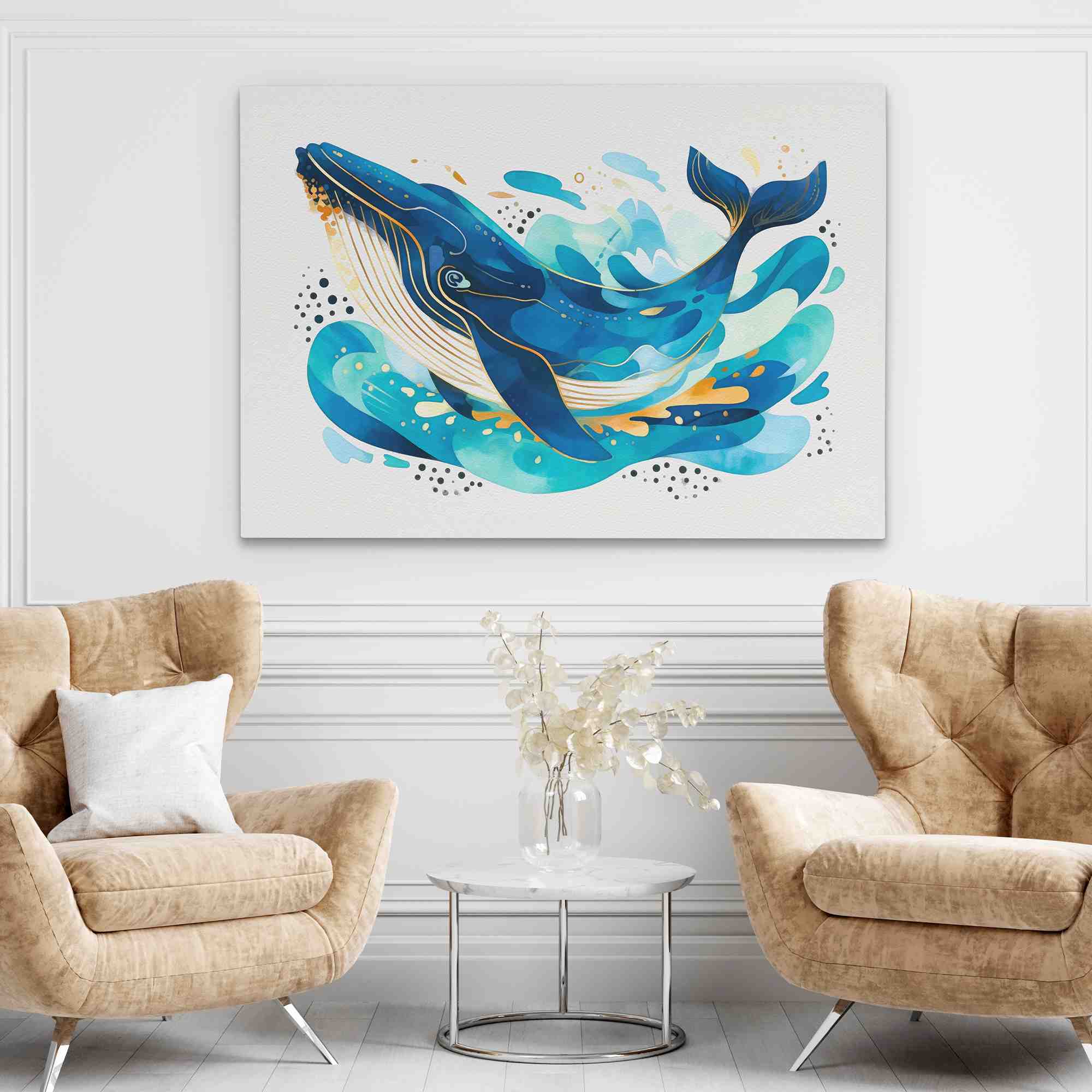 a painting of a blue whale on a white background