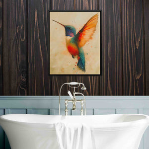 a painting of a hummingbird hangs above a bathtub