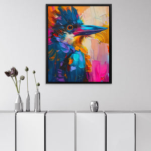 a painting of a colorful bird on a white wall