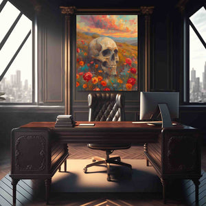 a painting of a skull sitting on top of a desk