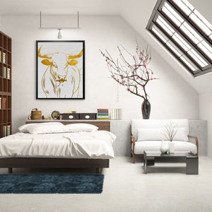 a bedroom with a bed, a couch and a book shelf