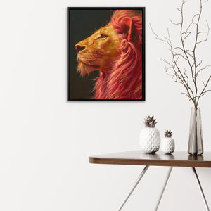 a painting of a lion on a wall above a table