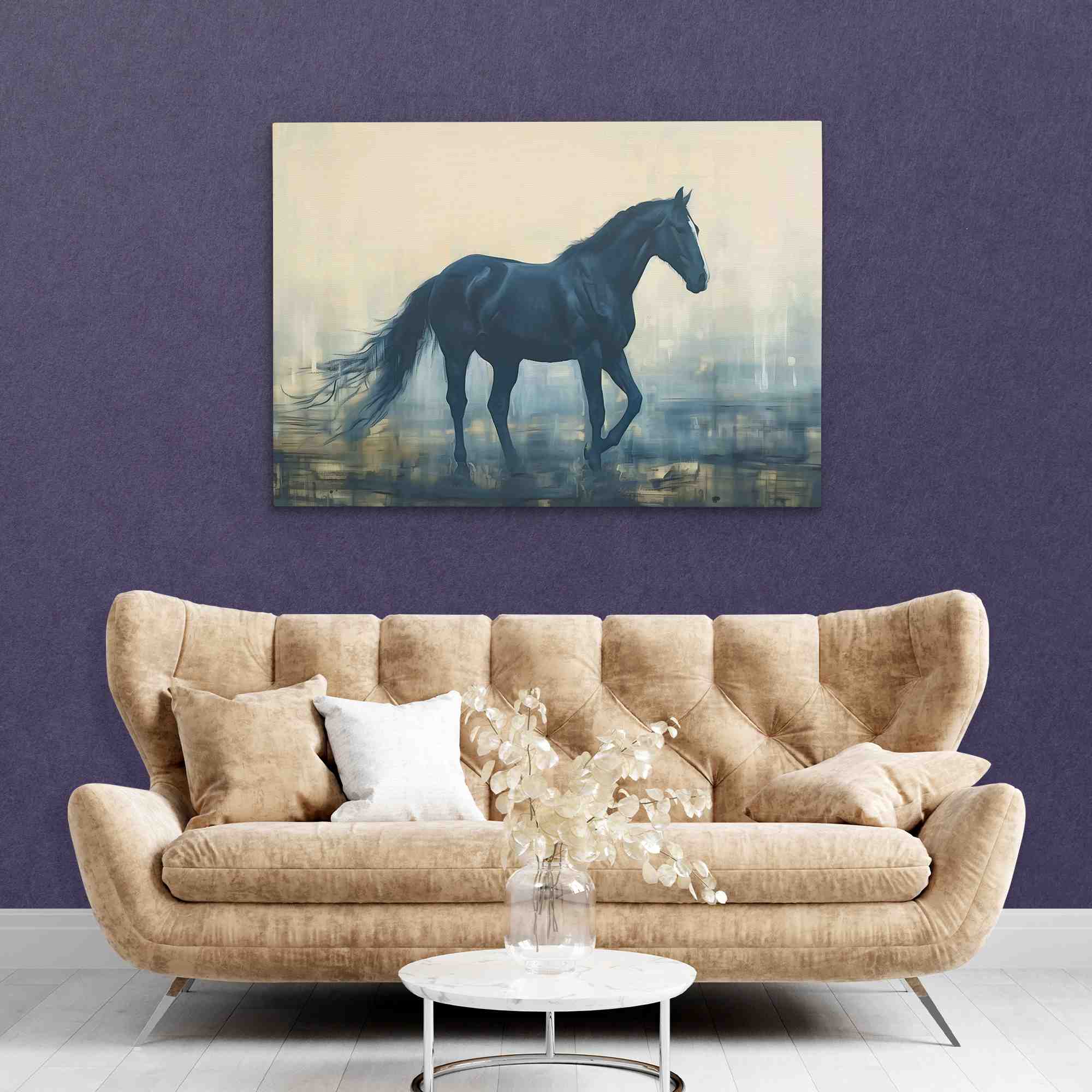 a painting of a horse running in the rain