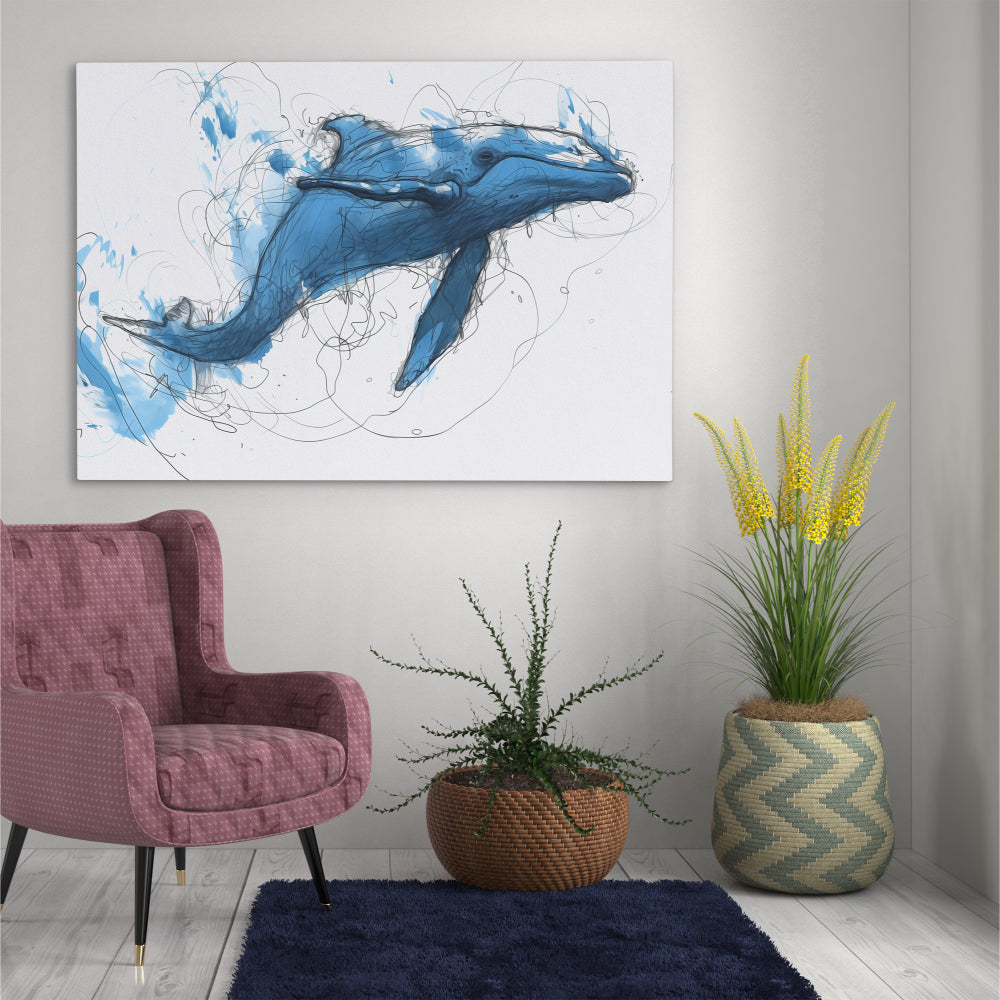 a painting of a blue whale on a white wall