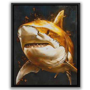 a painting of a yellow shark with its mouth open