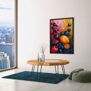 a living room with a table and a painting on the wall