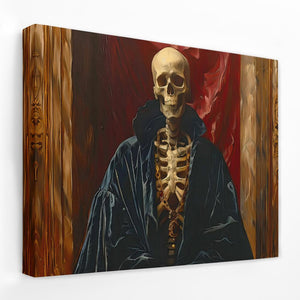 a painting of a skeleton sitting in a chair