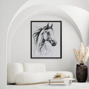 a living room with a white couch and a painting of a horse