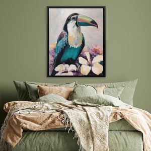 a painting of a toucan sitting on a bed