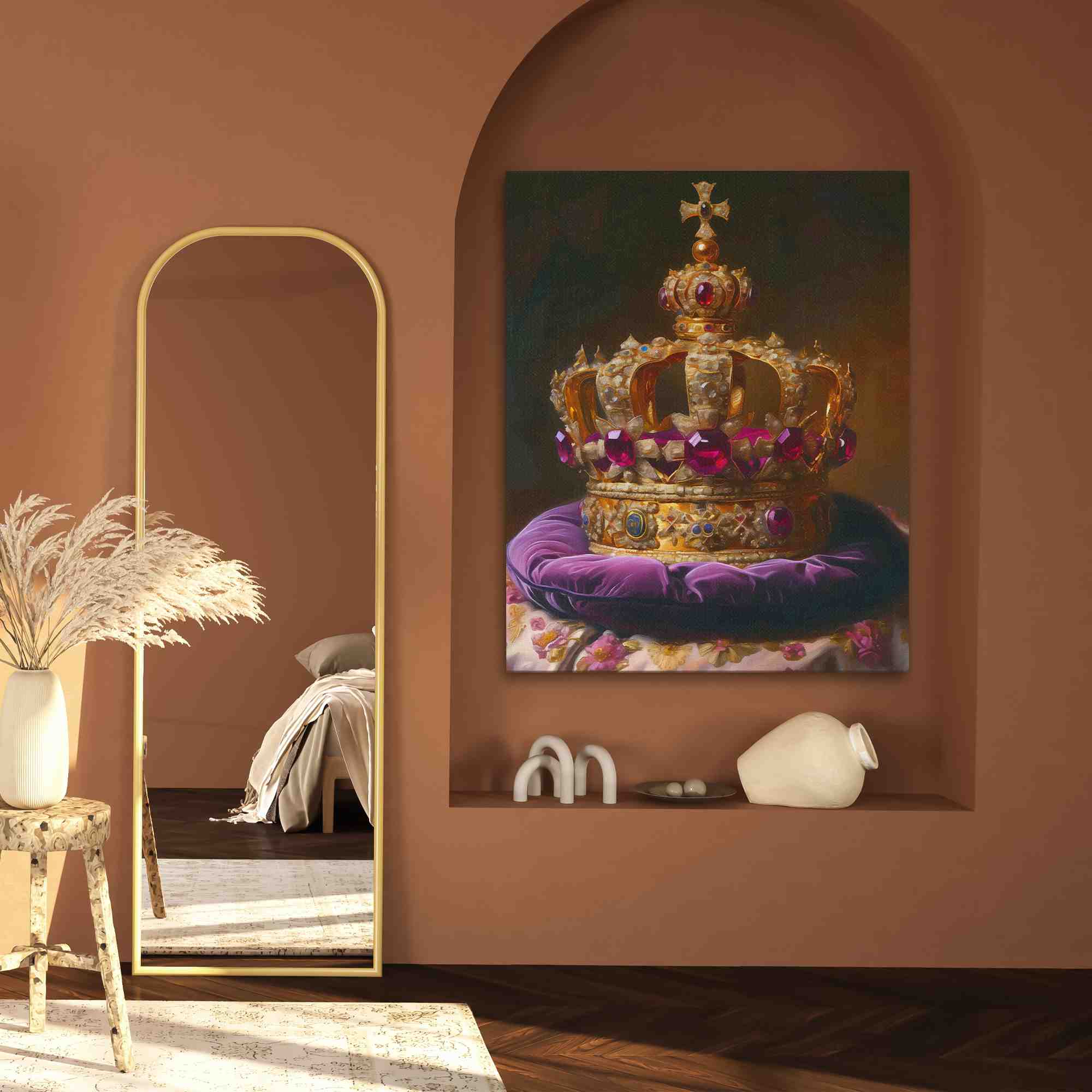 a painting of a crown on a purple pillow