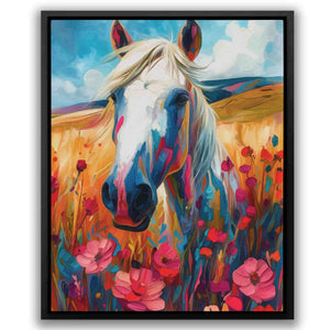 a painting of a horse in a field of flowers