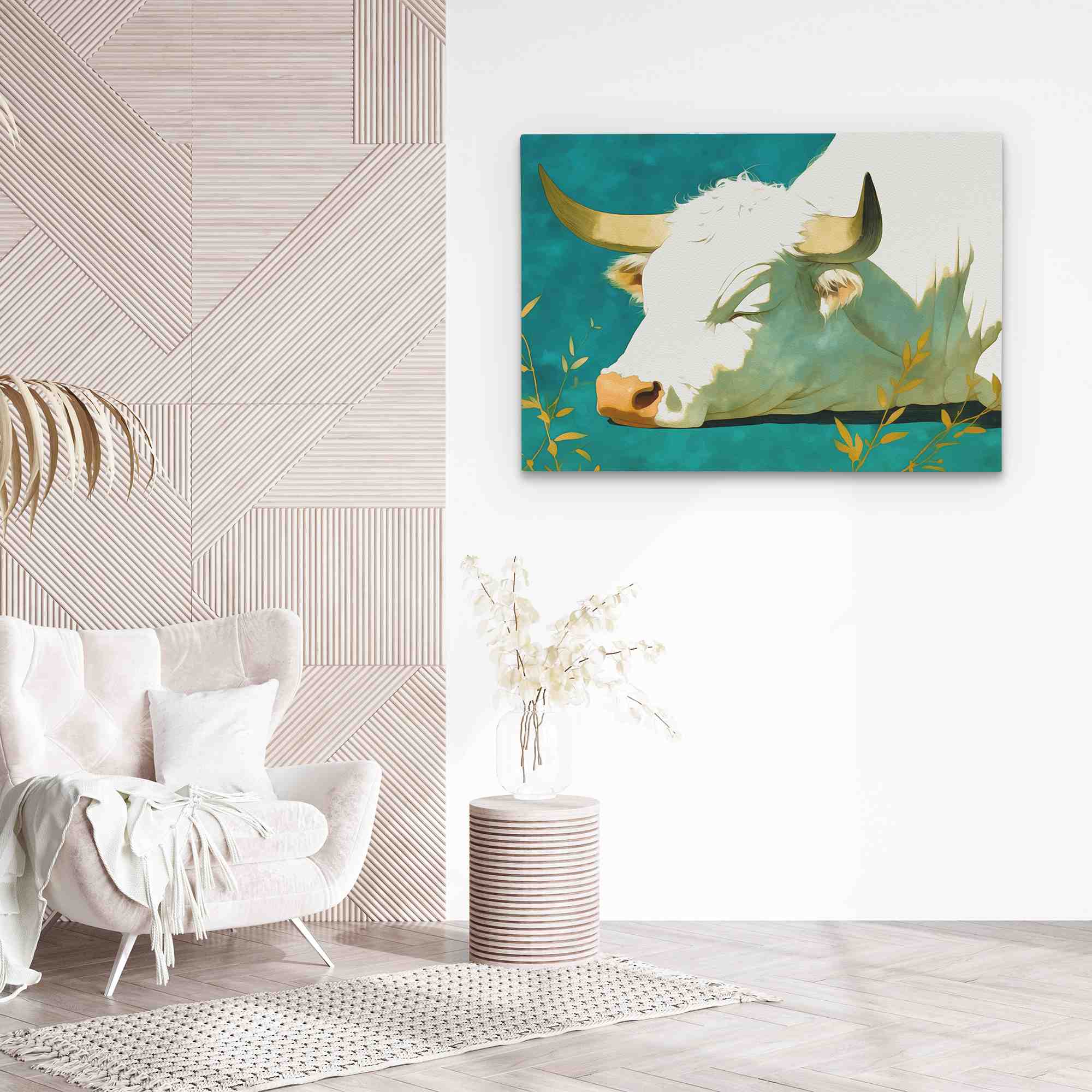 a painting of a white cow with yellow horns