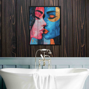 a bathroom with a bathtub and a painting on the wall