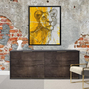 a picture of a lion on a wall above a sideboard