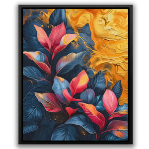 a painting of leaves with a sun in the background