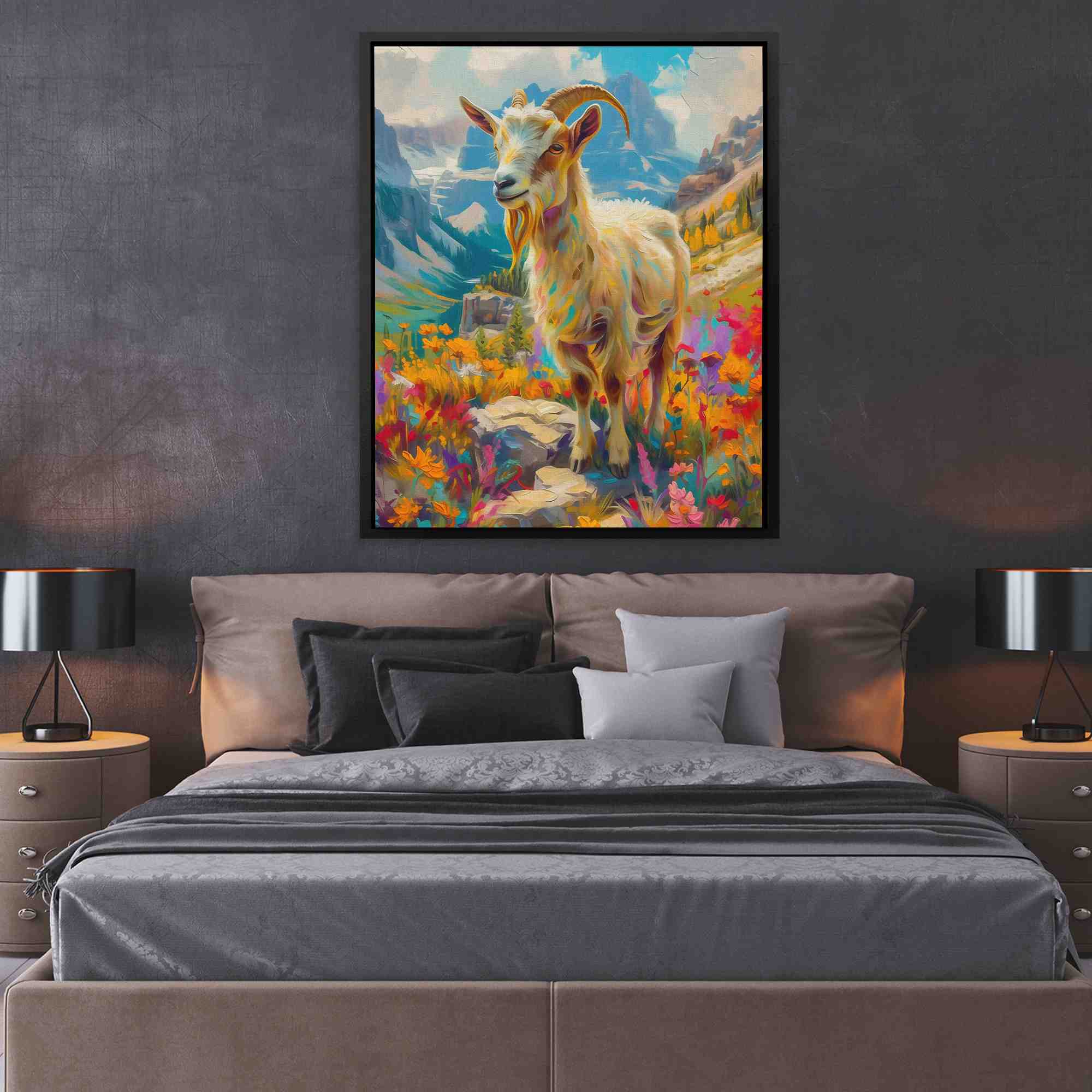 a painting of a goat standing on a hill