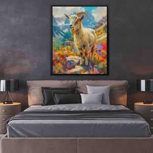 a painting of a goat on a wall above a bed