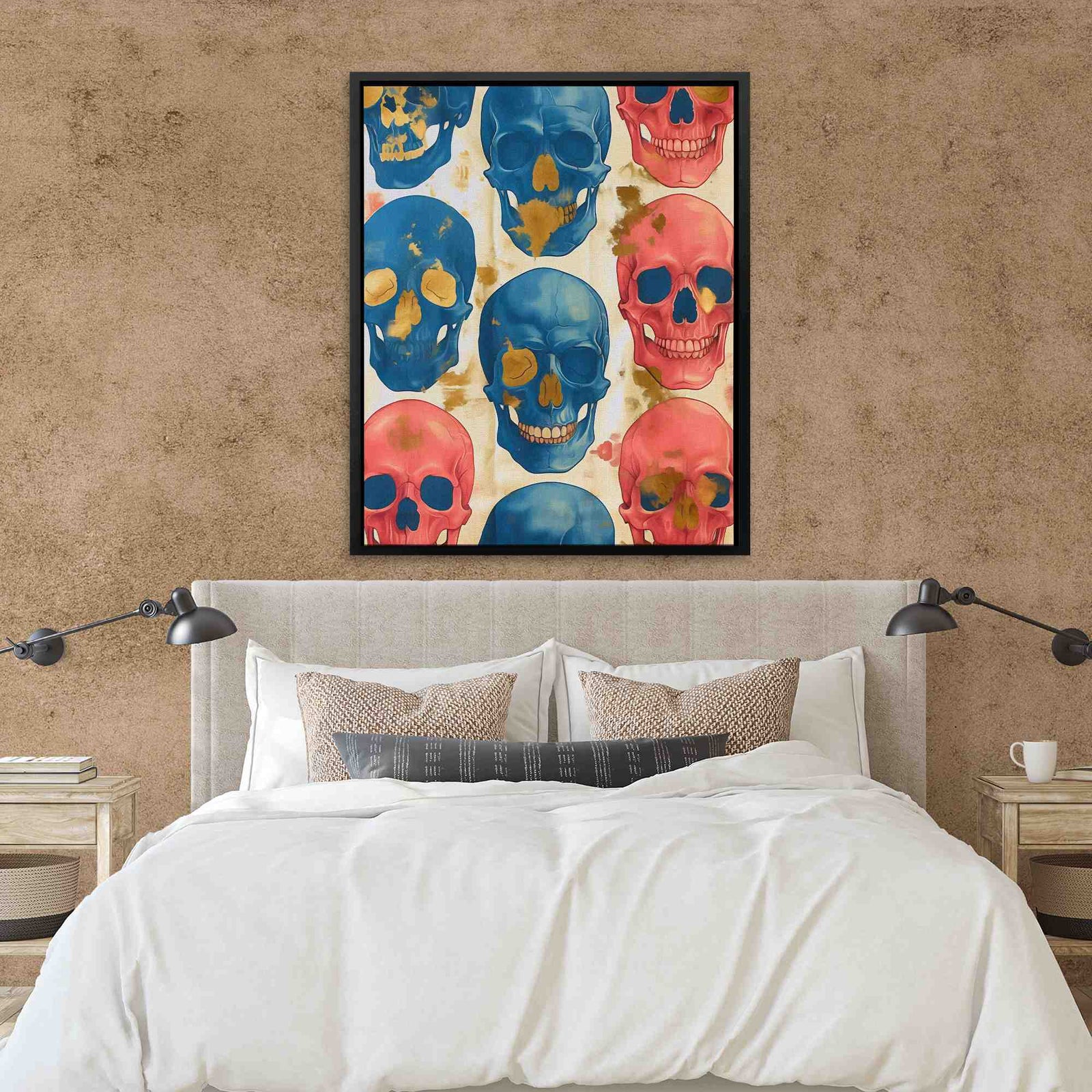 a bedroom with a bed and a painting on the wall