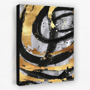 a black and gold abstract painting on a white wall