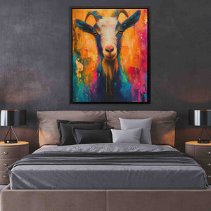 a painting of a goat on a wall above a bed