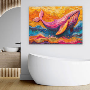 a painting of a dolphin on a wall above a bathtub