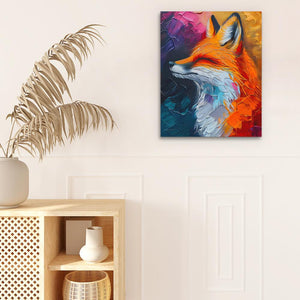 a painting of a fox on a wall next to a potted plant