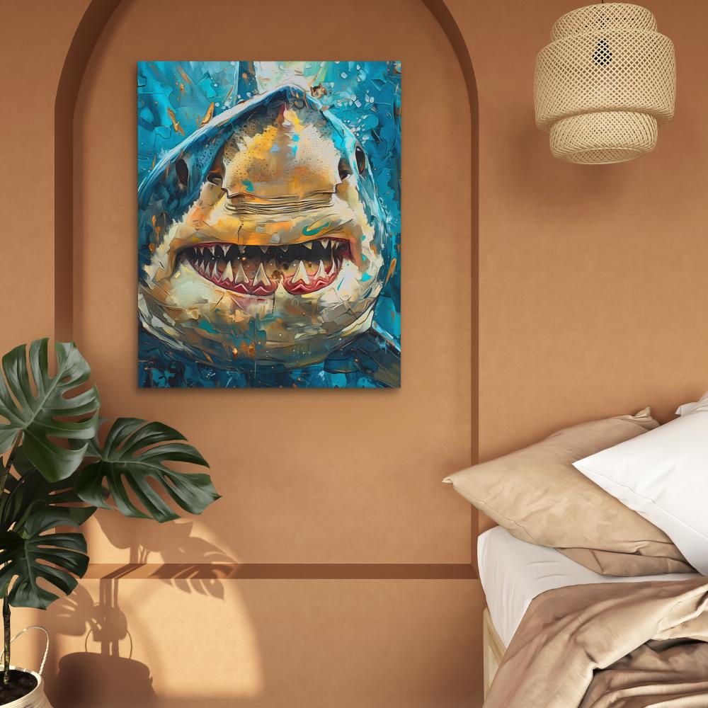 a painting of a shark with its mouth open