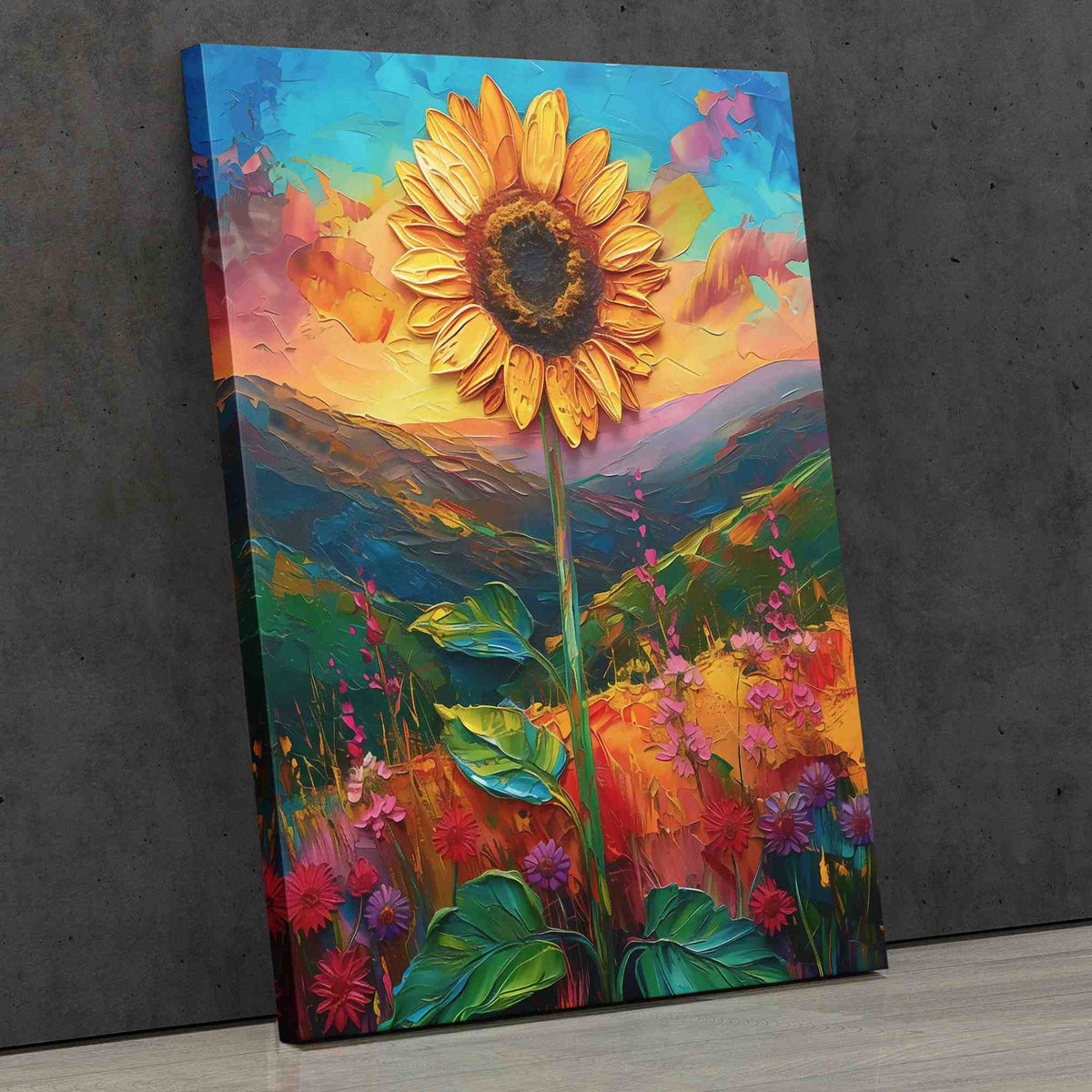 a painting of a sunflower on a wall