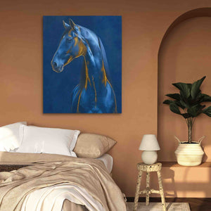a painting of a blue horse in a bedroom