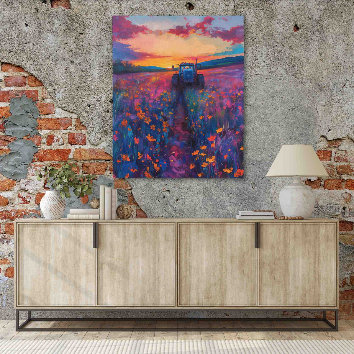 a painting hanging on a wall next to a sideboard