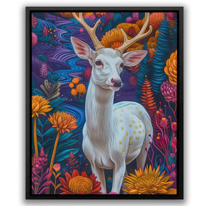 a painting of a white deer surrounded by flowers